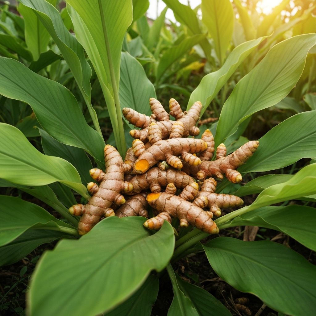 Fresh turmeric roots on green leaves